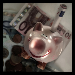 cerdito hucha con monedas y billetes